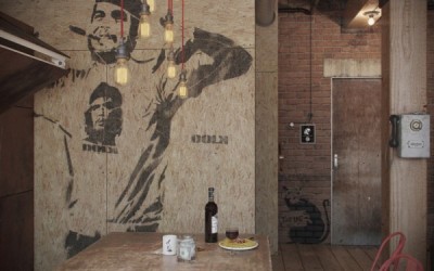 Creative-Wall-Mural-on-Plywood-Wall-Obsolescent-Wood-Dining-Table-Shiny-Bulb-Lights-Cool-Kitchen-Cabinet-Brick-Wall.jpg